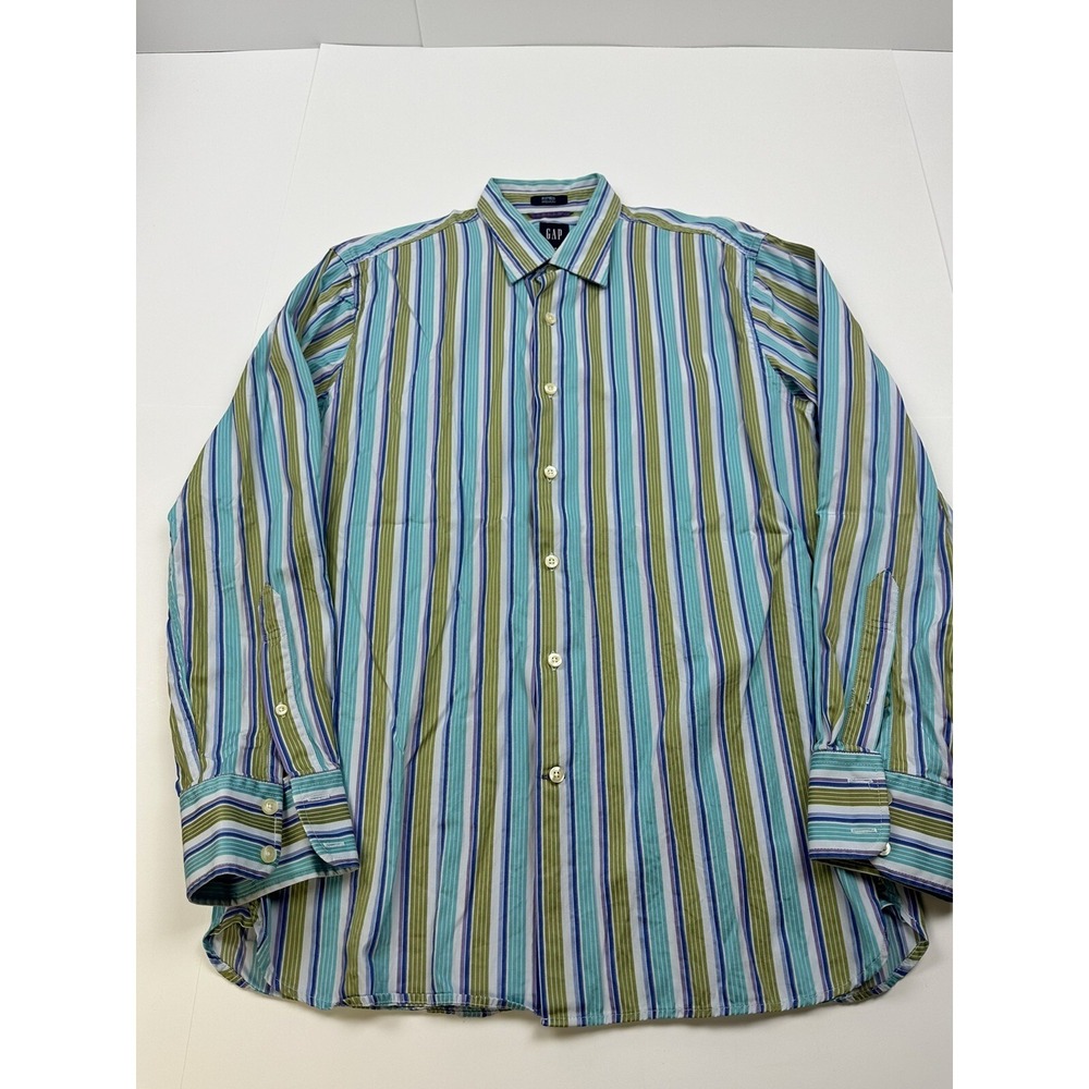 Vintage 90s GAP Button Down Shirt Green Vertical Striped Size Medium 15 - 15.5